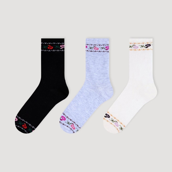 3 Pairs Rose Patterned Bamboo Women's Socks Size: (36 - 40) - Black / White / Light Grey 