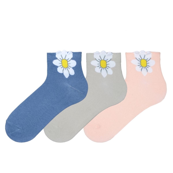 3 Pairs 3D Daisy Patterned Women Socks Asorty  ( 36 - 40 ) - Blue / Pink / Grey