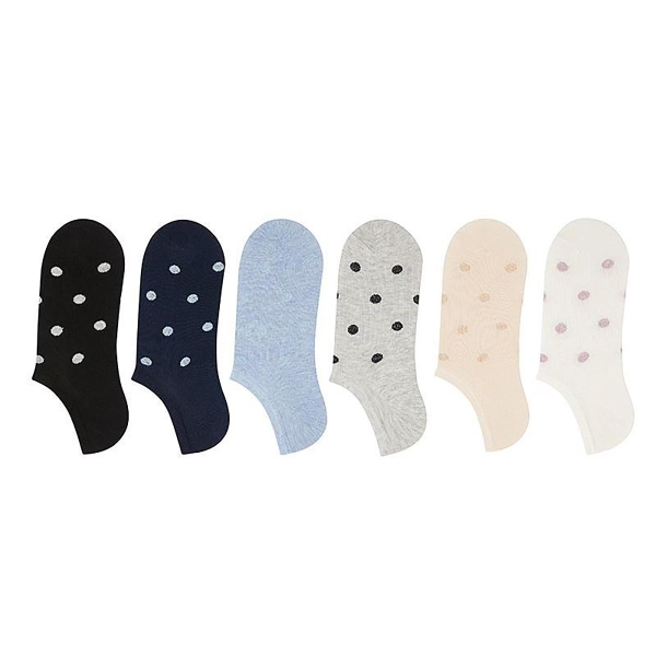 6 Pairs Point Patterned Women Invisible Socks Shorty Size: (36 - 40) - Black / Silver / Beige