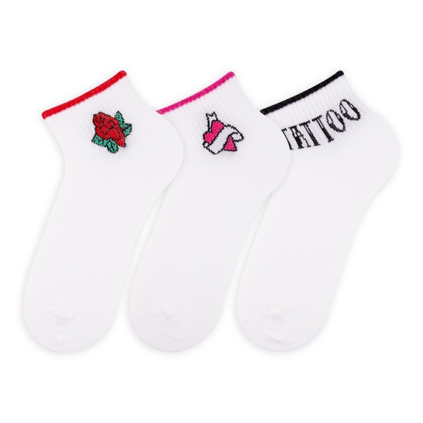 3 Pairs Tattoo Patterned Women Ankle Socks Asorty ( 36 - 40 ) - White / Red / Fuchsia