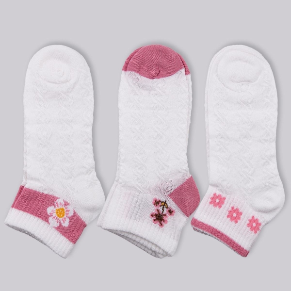 3 Pairs Pinky Flowers Patterned Girls Socks Size: (34 - 36) Age: 8-10 - Pink / White