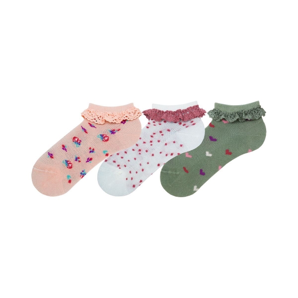 3 Pairs (1 Pack ) Baby Girl's Batik Socks With Mixed Lace Accessory Size (19-21) Month: 12-18 - Green / Pink / White