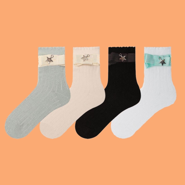 4 Pairs Butterfly Bowtie Girls Socks Size: (28 - 30) Age: 5-7 - White / Blue Cyan / Black / Off White