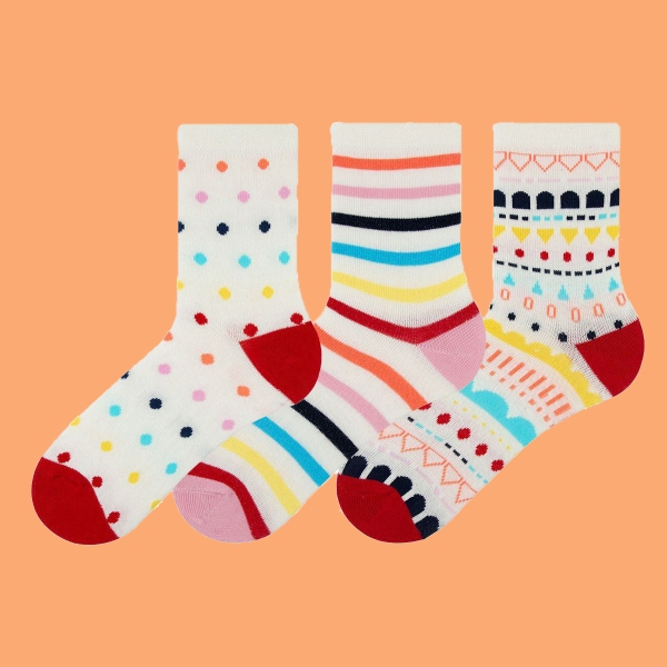 3 Pairs Colorful Patterned Women Socks Asorty ( 37 - 39 ) - White / Red / Pink