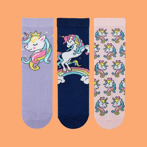 3 Pairs Unicorn Patterned Girls Socks Asorty ( 22 - 24 ) Age: 1-3 Years - Lilac / Navy Blue / Powder Pink