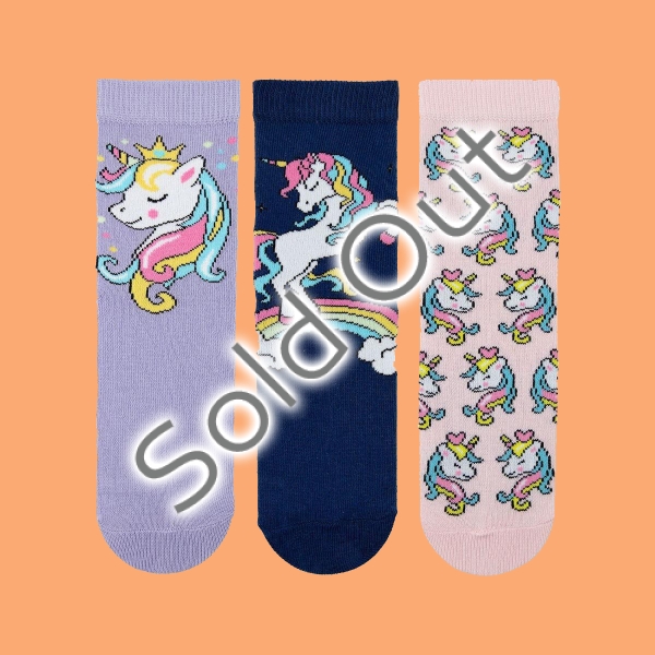 3 Pairs Unicorn Patterned Girls Socks Size: (25 - 27) Age: 3-5 - Pink / Mauve / Dark Blue