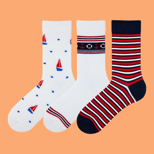 3 Pairs Sail Circle Anchor Patterned Mens Socks 4 Seasons Asorty Size: (37 - 39) - White / Blue / Red