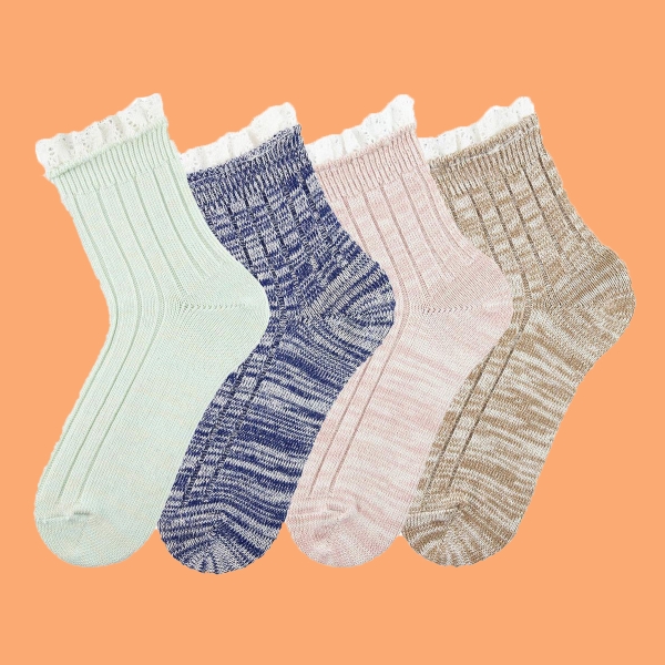 4 Pairs Ribbed Patterned Women Socks Asorty ( 37 - 39 ) - Navy Blue / Mint / Brown / Pink