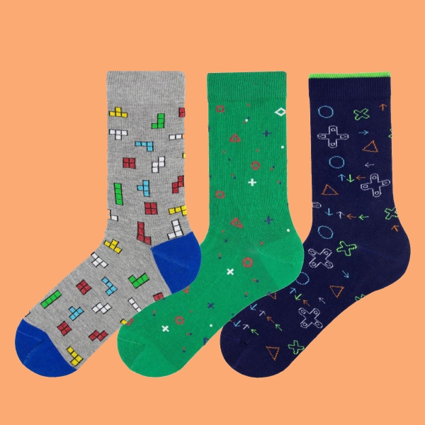 3 Pairs Tetris Themed Teenage Mens Socks Assorted Size (37 - 39 )  - Green / Blue / Grey