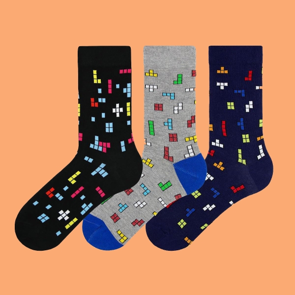 3 Pairs Tetris Patterned Men Socks Asorty ( 43 - 45 ) - Navy Blue / Black / Grey