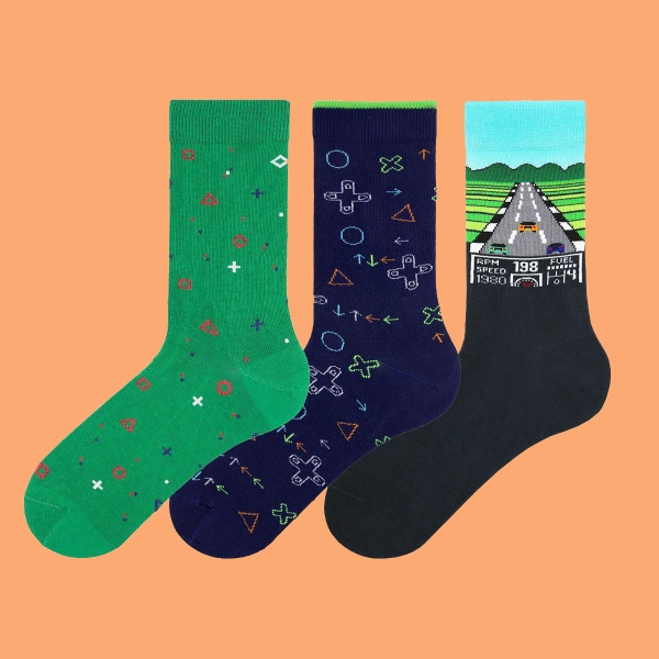 3 Pairs Tetris Patterned Themed Teenage and Men Socks Asorty ( 40 - 42 ) - Navy Blue / Grey / Green