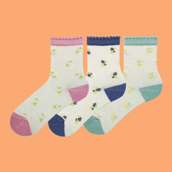 3 Pairs Flower Patterned Girls Socks Asorty ( 31 - 33 ) Age: 7-9 Years - Mint / Cream / Pink