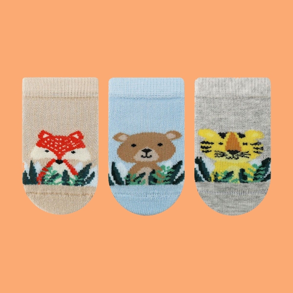 3 Pairs Animals Patterned Baby Boys Booties Socks Asorty ( 16 - 18 ) Age: 6-12 Months - Grey / Beige / Blue