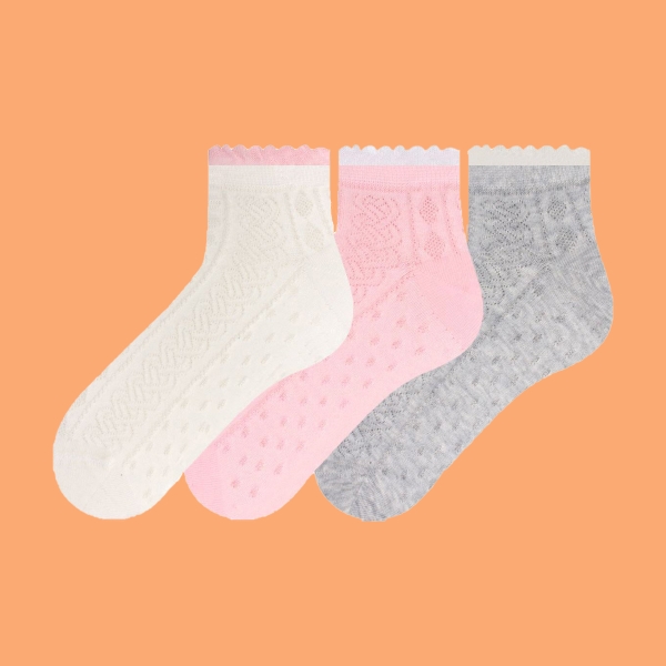 3 Pairs Braiding Designed Patterned Girls Booties Socks Asorty ( 34 - 36 ) Age: 8-10 Years - Grey / White / Pink