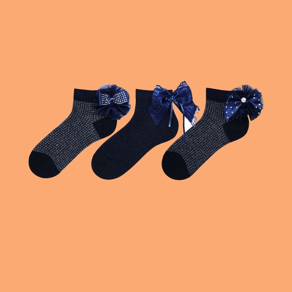 3 Pairs Papillon Patterned Girls Booties Socks Asorty ( 34 - 36 ) Age: 9-11 Years - Navy Blue / Indigo