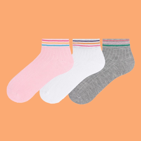 3 Pairs Colorful Patterned Girls Booties Socks Asorty ( 31 - 33 ) Age: 6-8 Years - Grey / White / Pink