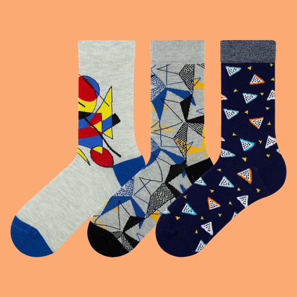 3 Pairs Geometry Themed Teenage Mens Socks Assorted Size (37 - 39 )  -  Blue / Grey