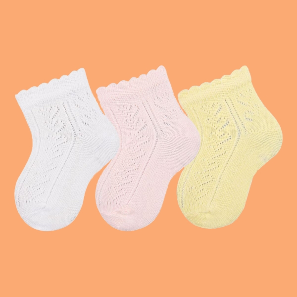 3 Pairs Heart Patterned Baby Girls Booties Socks Asorty ( 22 - 24 ) Age: 1-2 Years - Pink / White / Yellow