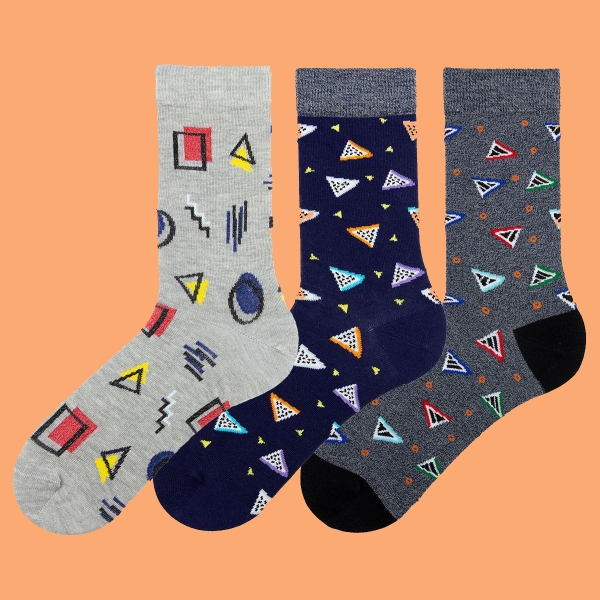 3 Pairs Geometric Patterned Teenage Men Socks Asorty ( 40 - 42 ) - Navy Blue / Grey / Anthracite