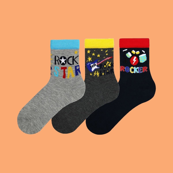 3 Pairs Rocker Patterned Boys Socks Asorty ( 28 - 30 ) Age: 4-6 Years - Grey / Navy Blue / Black