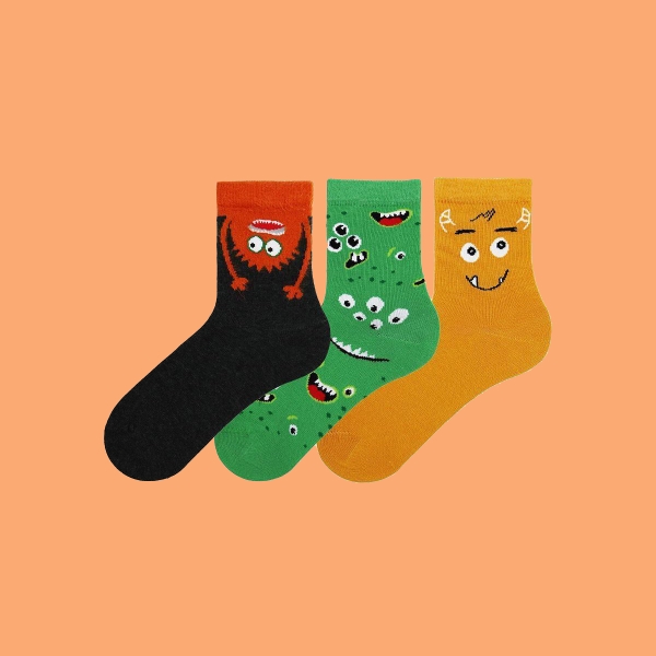 3 Pairs Happy Monster Patterned Boys Socks Asorty ( 31- 33 ) Age: 6-8  Years - Orange / Green / Grey