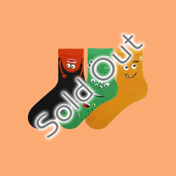 3 Pairs Happy Monster Patterned Boys Socks Asorty ( 28 - 30 ) Age: 4-6  Years - Orange / Green / Grey