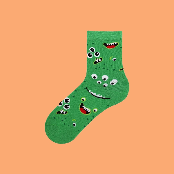 1 Pair Happy Monster Patterned Boys Socks Asorty ( 31- 33 ) Age: 6-8  Years - Green