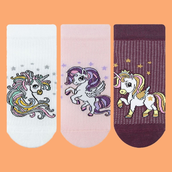 3 Pairs Star Patterned Girls Crew Socks Asorty ( 28 - 30 ) Age: 4-6 Years - White / Pink / Plum
