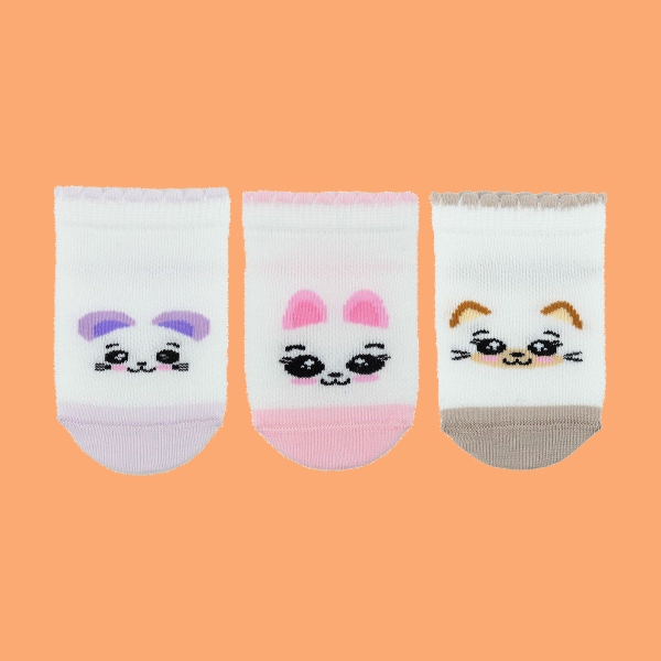 3 Pairs 1 Pack Animal Face Baby Girls Socks Size: (19 - 21) Age: 12-18 Month - Pink / White