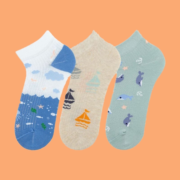 3 Pairs Sea Patterned Boys Ankle Socks Asorty ( 22 - 24 ) Age: 1-2 Years - White / Beige / Petrol Green