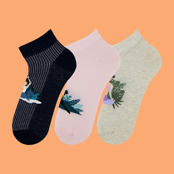 3 Pairs Yoga Patterned Women Ankle Socks Asorty ( 36 - 40 ) - Navy Blue / Powder Pink / Beige