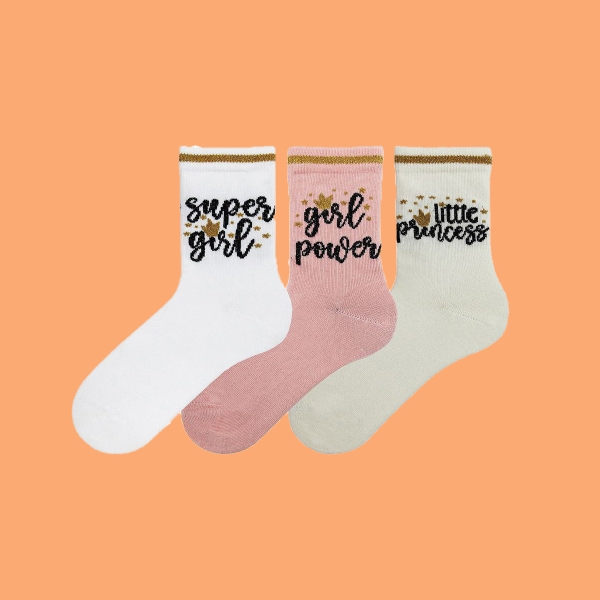 3 Pairs Girl Patterned Girls Socks Asorty ( 28 - 30 ) Age: 4-6  Years - Ecru / White / Pink