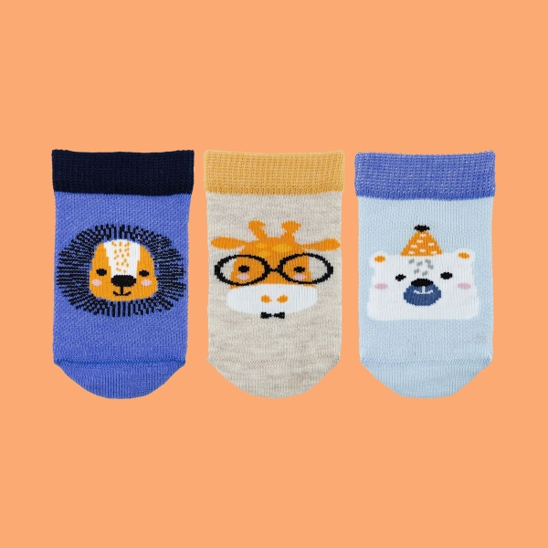 3 Pairs Animals Patterned Baby Boys Ankle Socks Asorty ( 13 - 15 ) Age: 0-6 Months - Ecru / Navy Blue / Blue