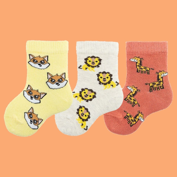 3 Pairs 1 Pack Jungle Patterned Baby Boys Socks Size: (16 - 18) Age: 6-12 Month - Yellow / Red / Beige