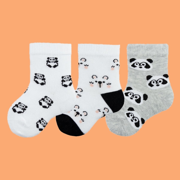 3 Pairs Bear Patterned Baby Boys Socks Asorty ( 13 - 15 ) Age: 0-6  Months - Grey / White / Black