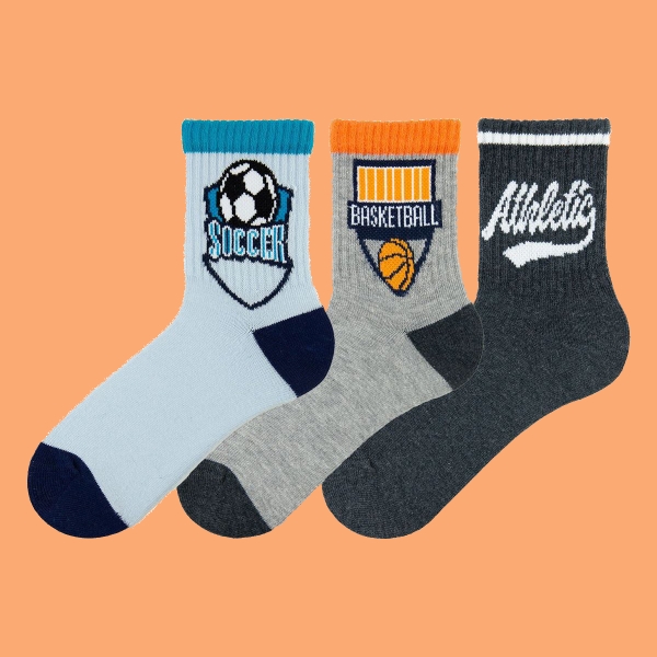 3 Pairs Boy Sport Socks MID-CALF Size: (28 - 30) Age: 4-6 - Blue / Black / Grey