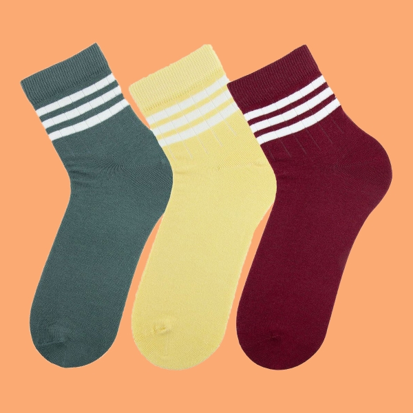 3 Pairs Derby Patterned Women Mid-Calf Socks Asorty ( 36 - 40 ) - Green / Claret Red / Yellow