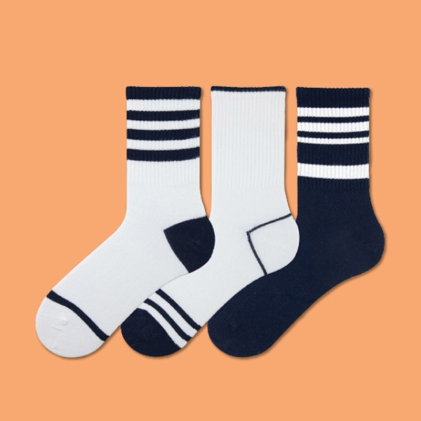 3 Pairs Line Patterned Men Mid Calf Socks Asorty ( 37 - 39 ) - White / Navy Blue