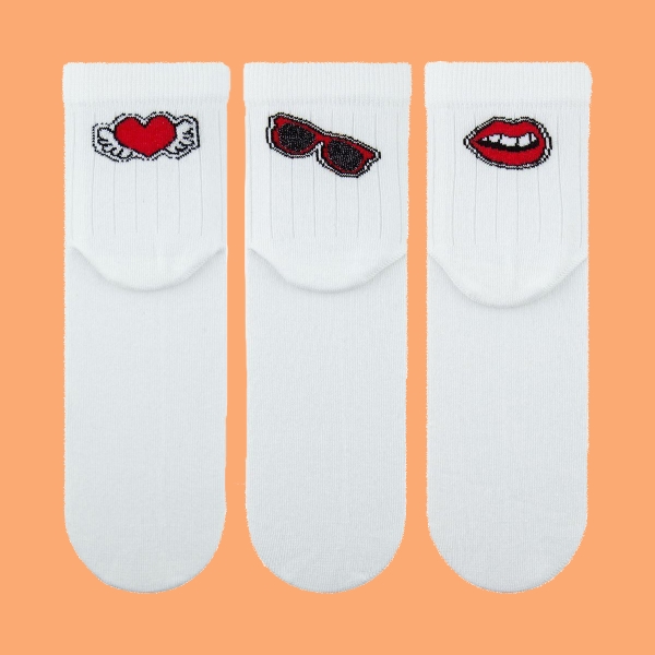 3 Pairs RED Patterned Women Socks MID-CALF Size: (36 - 40) - White / Red