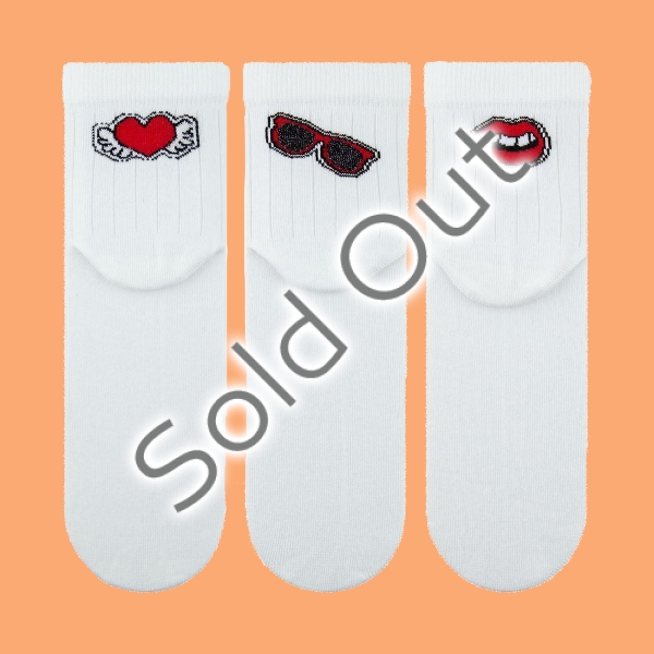 3 Pairs RED Patterned Women Socks MID-CALF Size: (36 - 40) - White / Red