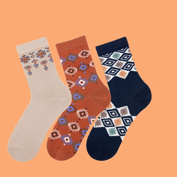 3 Pairs Lozzy Patterned Women Crew Socks Asorty ( 36 - 40 ) - Navy Blue / Terracotta / Dark Beige