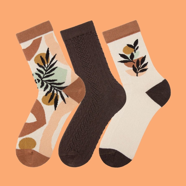 3 Pairs Palm Leave Patterned Women Crew Socks Asorty ( 36 - 40 ) - Brown / Orange Brown / Beige