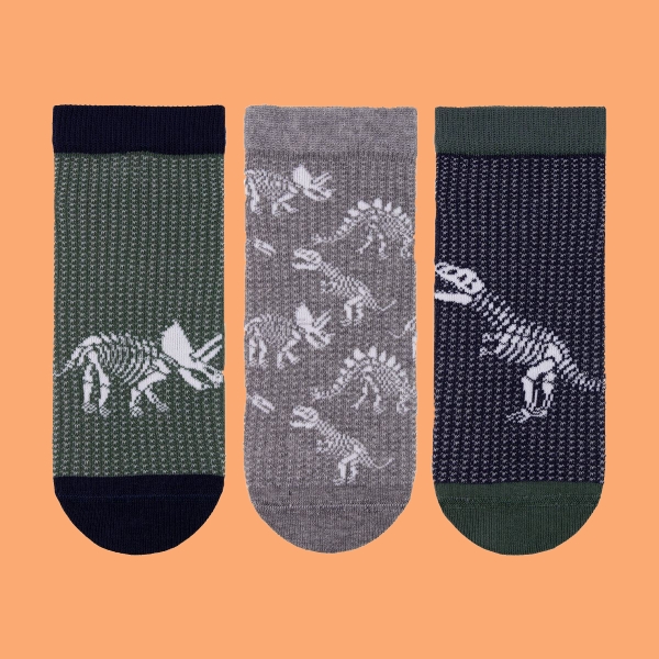 3 Pairs Fossil Patterned Boys Ankle Socks Asorty ( 22 - 24 ) Age: 1-2 Years - Grey / Navy Blue / Green