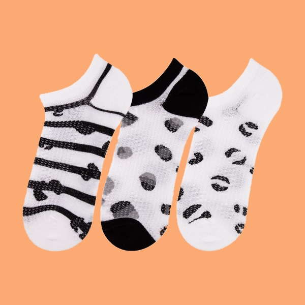 3 Pairs B&W Patterned Women Sneaker Socks Asorty ( 36 - 40 ) - White / Black