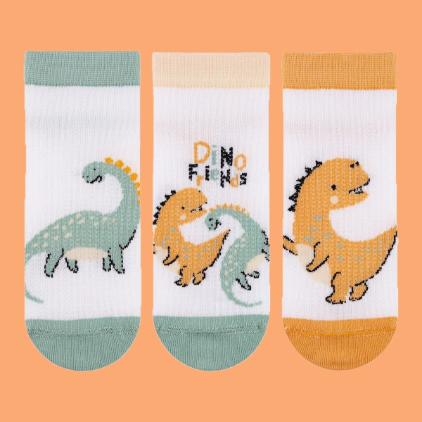 3 Pairs Dino Friends Patterned Boys Ankle Socks Asorty ( 25 - 27 ) Age: 2-4 Years - White / Green / Honey Yellow