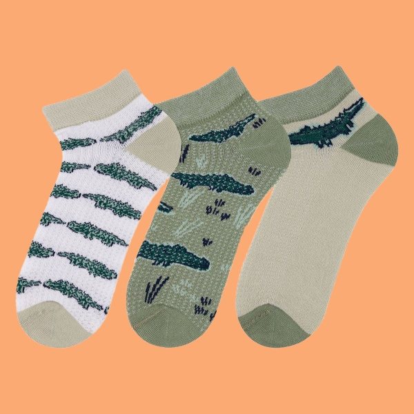 3 Pairs Crocs Patterned Boys Ankle Socks Asorty ( 34 - 36 ) Age: 8-10 Years - Green / White / Dark Green