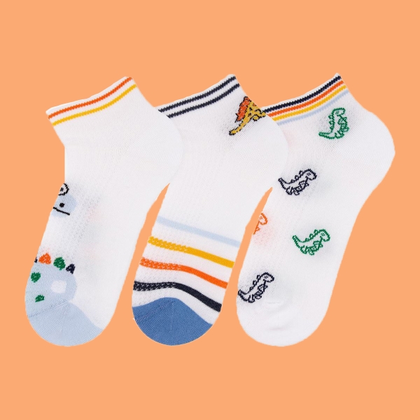 3 Pairs Dinosaurs Patterned Boys Ankle Socks Asorty ( 31 - 33 ) Age: 6-8 Years - White / Blue / Yellow