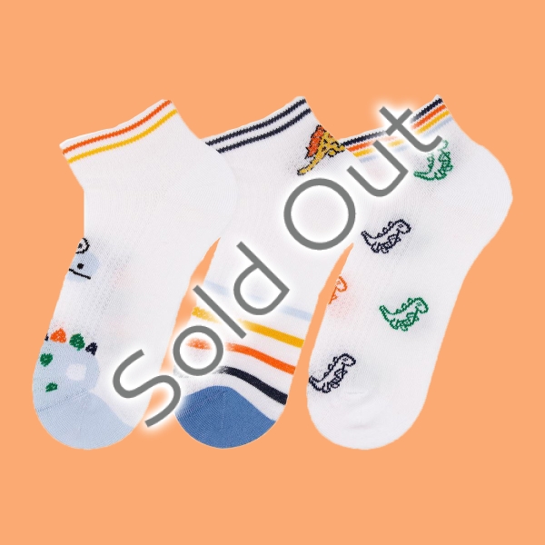 3 Pairs Dinosaurs Boys Socks Ankle Assorted Size (28 - 30 ) Age: 4-6  - White