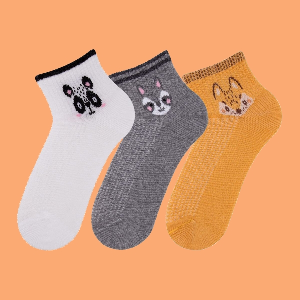 3 Pairs Panda , Raccoon , Fox Boy Socks Size: (25 - 27) Age: 2-4 - White / Desert / Grey