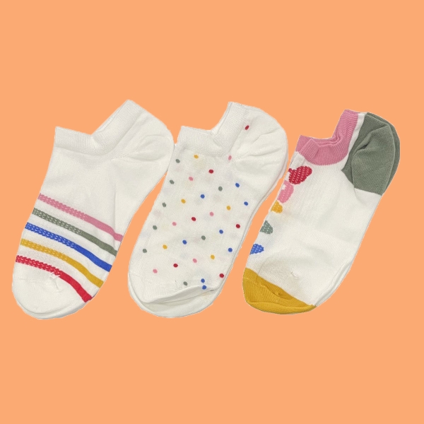 3 Pairs Happy Patterned Girls Socks Asorty ( 36 - 40 ) - White / Pink / Mustard